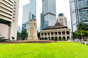 The Old Supreme Court Building exterior with skyscraper background in Hong Kong, China.