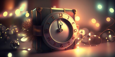 Festivitäten Silvester Hintergrund Motiv mit Uhr und  Textfreiraum, ai generativ