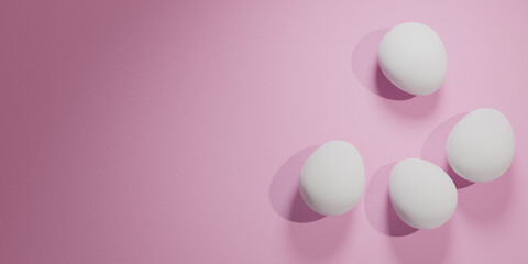 Group of boiled eggs on pink surface. Copy space to the left. Typical easter template
