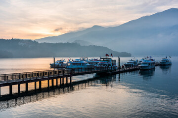 Sunrise view of yacht Marina in Sun Moon Lake, Nantou, Taiwan. it's a famous attraction in Taiwan.