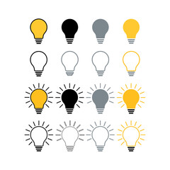 Glowing light bulb idea symbol set, ideas and solutions concept.