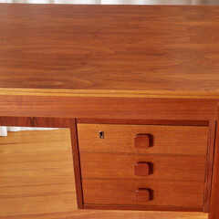 Writing desk 1960s in teak wood with drawers. Modern Scandinavian furniture. Top view with drawers.
