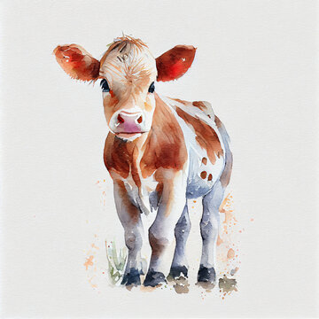 watercolor painting of cute cow for kid on white background