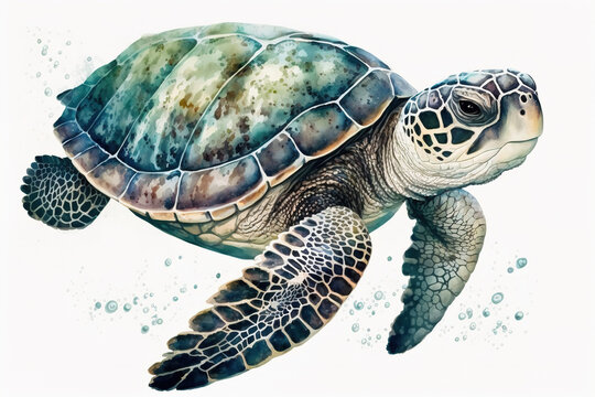 Illustration of a sea turtle swimming underwater in a watercolor style, generative ai