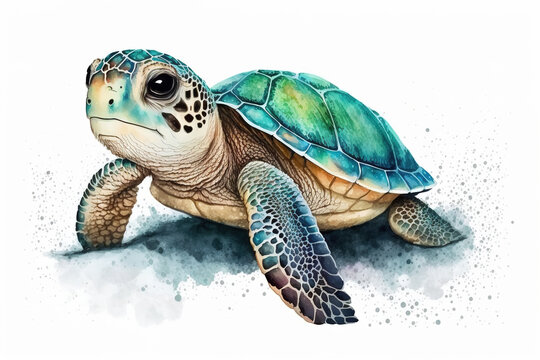 Illustration of a sea turtle swimming underwater in a watercolor style, generative ai