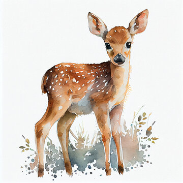 watercolor painting of cute deer for kid on white background