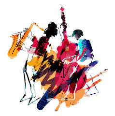  Jazz theme,Contrabass musician and saxophonist.
 Expressive Illustration of two jazz musicians. Isolated on white background.