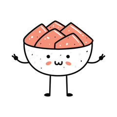 Kawaii sushi mascot in cartoon style. Cute ginger bowl for menu