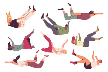People flying and falling vector cartoon characters set isolated on a white background.