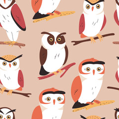Owls vector cartoon seamless pattern background for wallpaper, wrapping, packing, and backdrop.