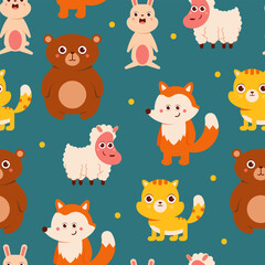 Cute forest animals seamless pattern vector cartoon background.