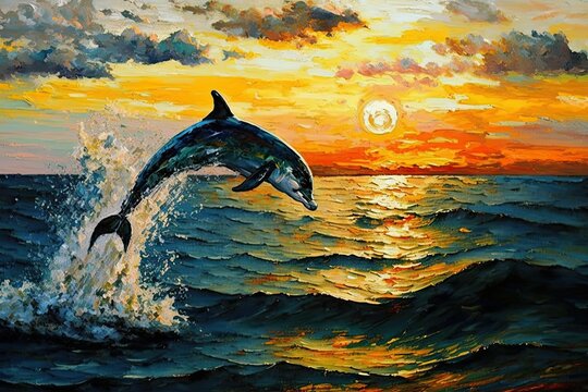 A dolphin jumping in the ocean on a beautiful sunset scenery. Impressionism oil painting in the style of Paul Cezanne. Generative AI.