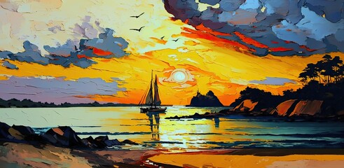 A boat in the horizon under a beautiful sunset at the beach. Impressionism oil painting in the style of Paul Cezanne. Generative AI.