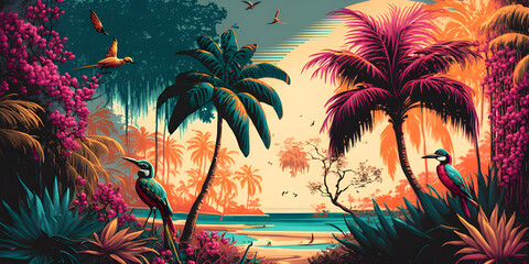 Vibrant tropical landscape with awesome palm trees and exotic birds 