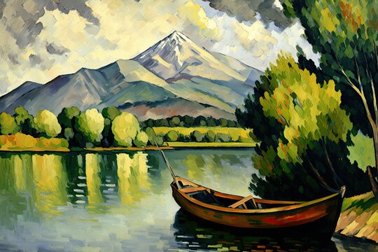 Calm and peaceful lake with an empty small boat. Mountain background. Bright daylight. Impressionism oil painting in the style of Paul Cezanne. Generative AI.