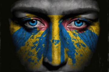 Human face painted with flag of Saint Vincent and the Grenadines
