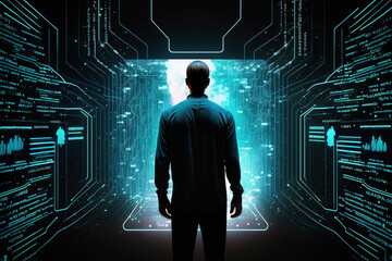Big data technology and data science with person from the back, data flowing on virtual screen. Business analytics, artificial intelligence, machine learning. Engineer or scientist  - AI created