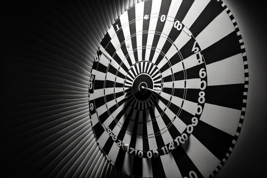  a black and white photo of a dart in the center of a dartboard with numbers on the side of the dart and the center of the dart.  generative ai