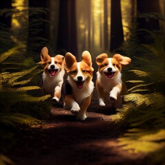 Happy dogs running in forest, generative ai