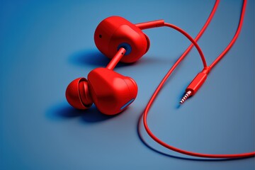  a pair of red ear buds sitting on top of a blue surface next to a red headphone with a red cord and a black headphone in the middle of the ear.  generative ai