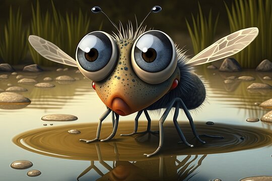  a cartoon picture of a fly with big eyes and a nose with a reflection in a puddle of water with rocks and grass in the background.  generative ai