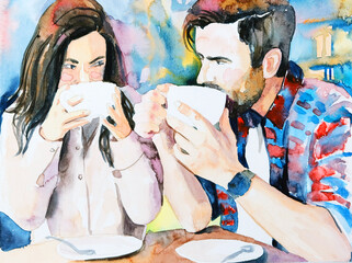 A guy and a girl in love are sitting in a cafe and drinking coffee. Illustration for Valentine's Day. A couple in love.