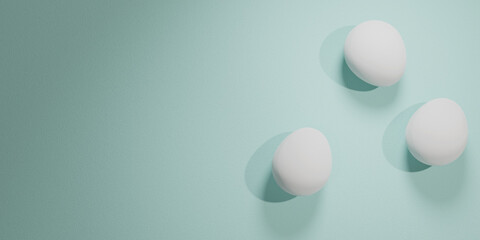 Group of boiled eggs on mint green surface. Copy space to the left. Typical easter template