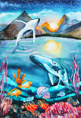 Fancy watercolor illustration. Underwater world with whales, fish and corals. Whales jump over the water.