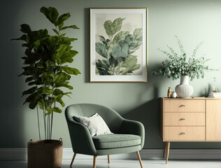 A chic interior design for a living room includes a mock up poster frame, a frotte armchair, a wooden commode, a side table, plants, and original home decor. Wall in sage green. housing staging . Copy