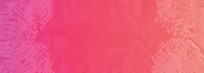 Obraz premium Circuit board texture future metaverse tech orange pink gradient digital web horizontal banner design template blank with place for text