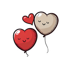 Cute heart shaped balloons cartoon isolated on a transparent background. Valentines day card, romantic elements. Hand-drawn illustration.
