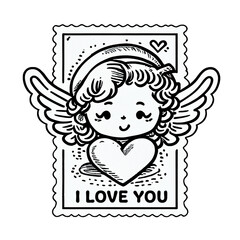 Funny cupid or little angels postage stamp isolated on a transparent background. Valentines day card, romantic elements. Hand-drawn illustration.