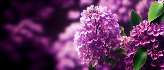 Beautiful Wide Angle soft spring background with lilac flowers. AI Generated
