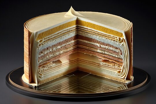  a layered cake is cut in half on a black plate with a gold edge and a black base with a gold edge and a gold edge.  generative ai