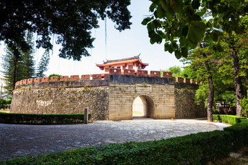 Fototapeta na wymiar Old city wall building view of the Great South Gate in Tainan, Taiwan. it's one of Taiwan's most well-preserved city gates.