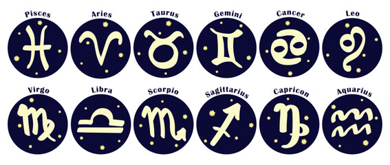 Set of zodiac signs icons with original design. Twelve astrological stickers with written names. Vector illustration. Set isolated on transparent background.