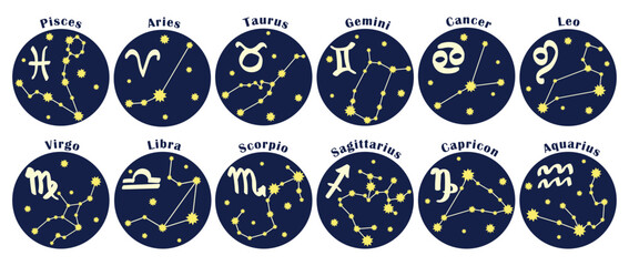 Set of icons of zodiac signs with their constellations. Twelve astrological stickers with written names. Vector illustration. Original design isolated on transparent background.