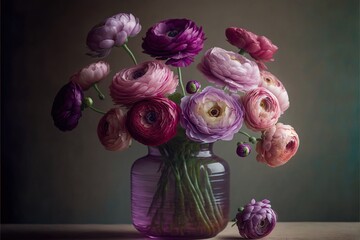 Fototapeta premium a vase filled with lots of purple and pink flowers next to a purple flower bud on top of a wooden table next to a green wall. generative ai