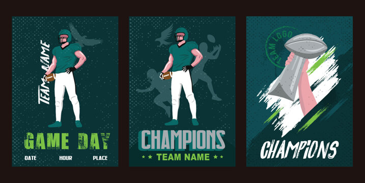 VECTORS. Poster templates for an American Football Team. Uniform colors: midnight green, silver, black. Game Day, Super Bowl, Champions, trophy, winners, invitation, flyer, ad, watch party, social med