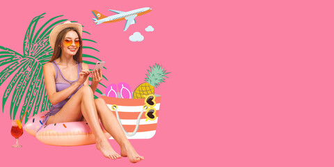 Obraz na płótnie Canvas Smiling young woman in swimsuit sunglasses isolated on pink background. People summer vacation rest lifestyle concept. Sit in swim inflatable ring hold mobile phone. Trend vector illustration collage.