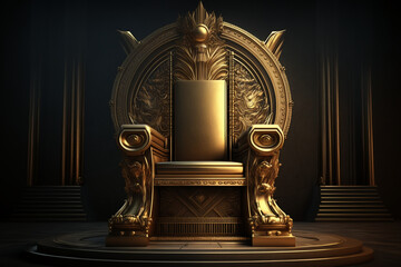Golden throne front view, model golden royal throne for the king, interior of medieval castle, generated ai