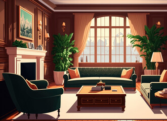California, 27 February 2021 Spacious Big Living Room Of Luxurious Estate With Wooden Elements. Modern Mansion Interior With With A New Stylish Furniture Design Concept For Residential Home