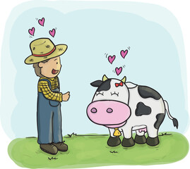 illustration of a man with cute cow, enjoy day and lovely, cartoon set