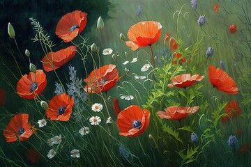 a painting of red flowers in a field of green grass and white flowers with blue and purple flowers in the background and a green background.  generative ai