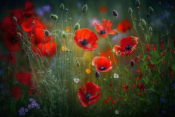 Obraz premium a painting of red flowers in a field of green grass and blue and white flowers with a black background and a green sky in the background. generative ai