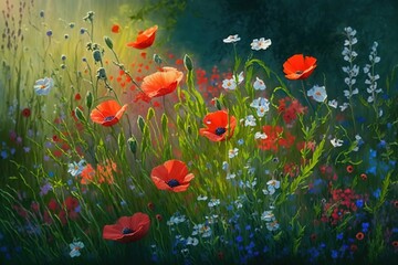  a painting of a field full of red and white flowers with a blue sky in the background and a green field with white and blue flowers.  generative ai