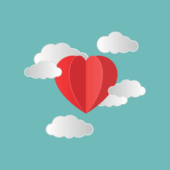 Fototapeta na wymiar Vector illustration of paper hearts, paper clouds, Valentine's Day, red and white hearts, 3D effect.