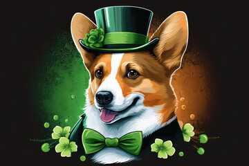 Corgi wearing top hat on St Patrick Day, green background, cute dog animal, art, wallpaper, photography. Generative AI
