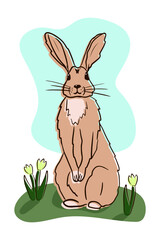 Shy hand drawn beige cartoon rabbit with tulips