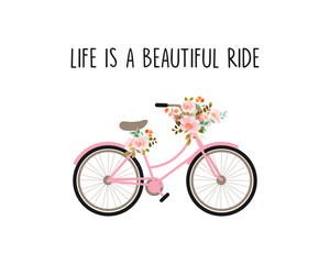 Fototapeta na wymiar Decorative slogan and cute vintage bicycle illustration with cute flowers, vector design for fashion, poster, card and sticker prints